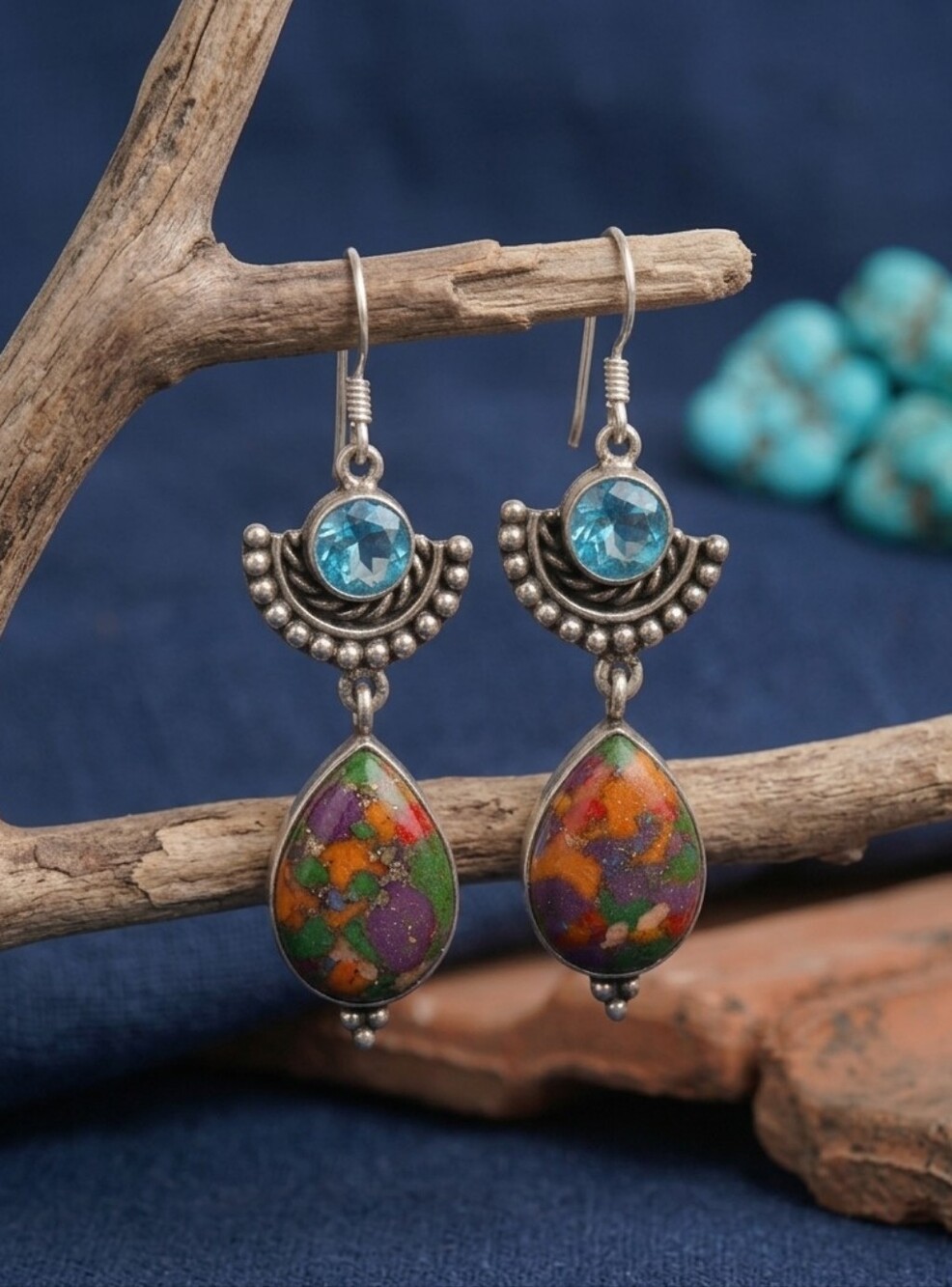 Sterling Silver Blue Topaz Mosaic Jasper Dangle Earrings Boho Southwestern 2.3"
